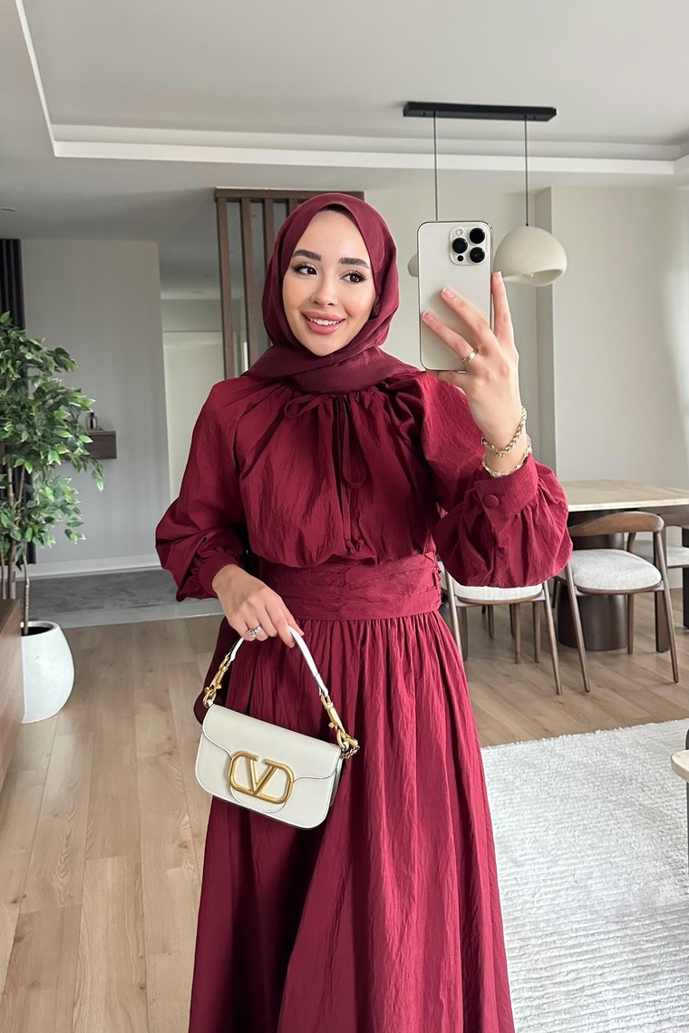 Becca Balon Kol Bel Büzgülü Etekli Takım - BORDO