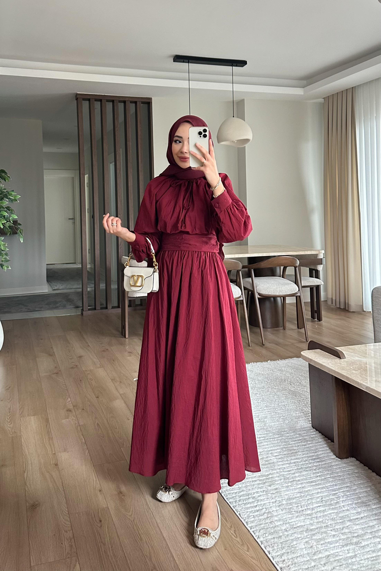 Becca Balon Kol Bel Büzgülü Etekli Takım - BORDO