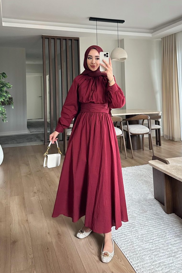 Becca Balon Kol Bel Büzgülü Etekli Takım - BORDO