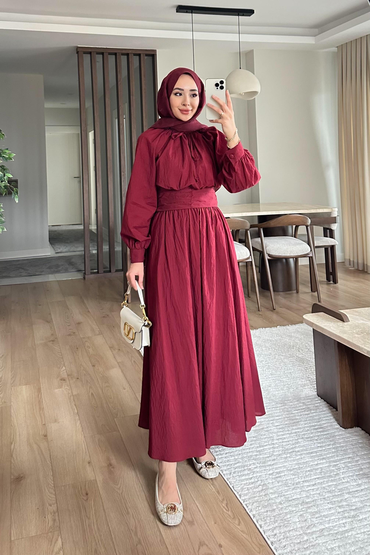 Becca Balon Kol Bel Büzgülü Etekli Takım - BORDO