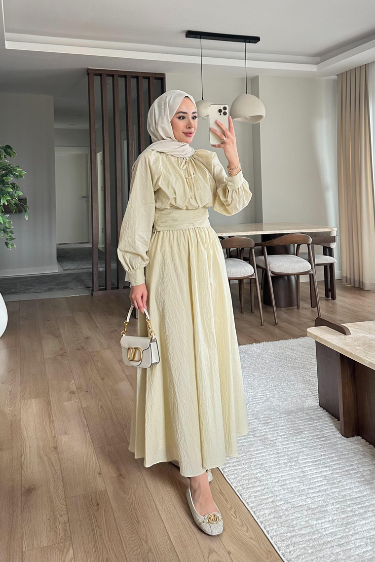 Becca Balon Kol Bel Büzgülü Etekli Takım - BEJ