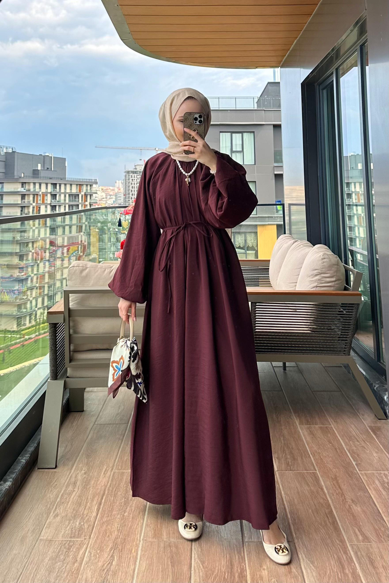 Belina Balon Kol Elbise - BORDO
