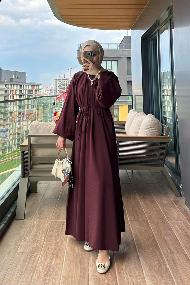 Belina Balon Kol Elbise - BORDO