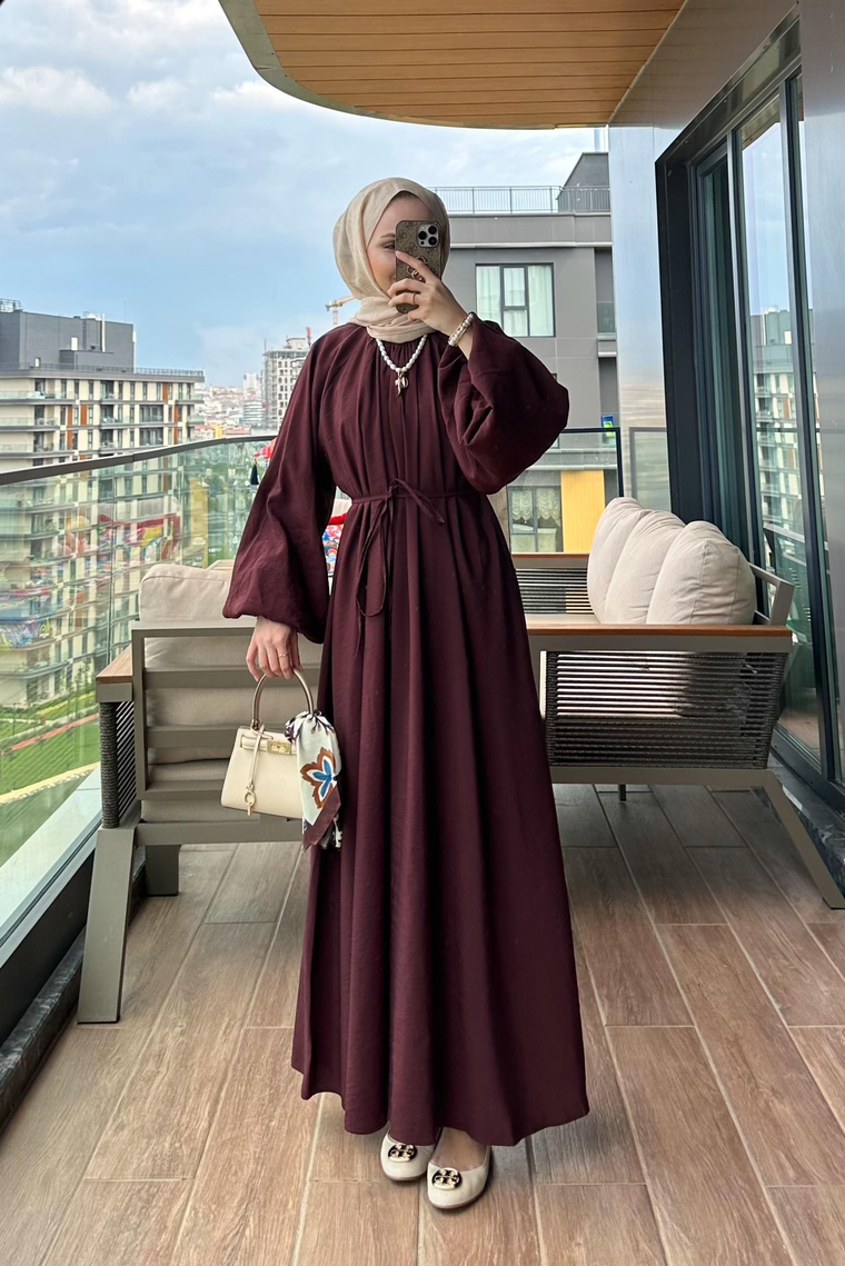 Belina Balon Kol Elbise - BORDO