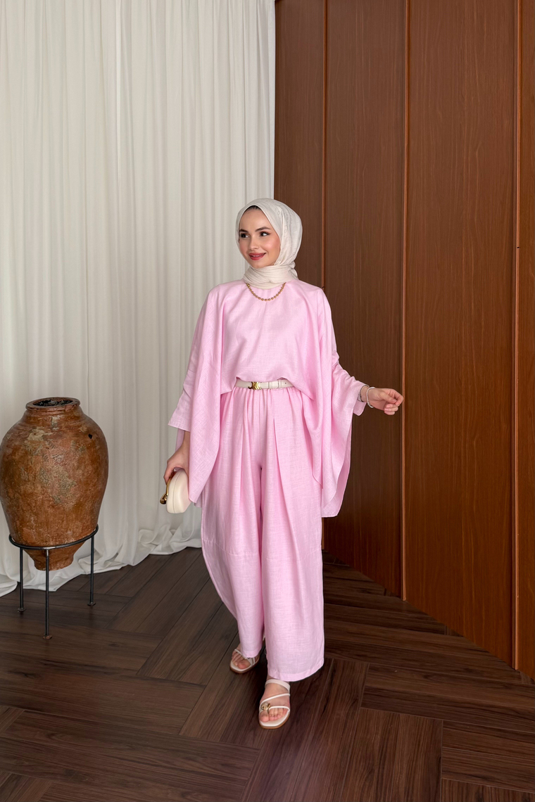Bella Keten Premium Pantolon Takım - PEMBE