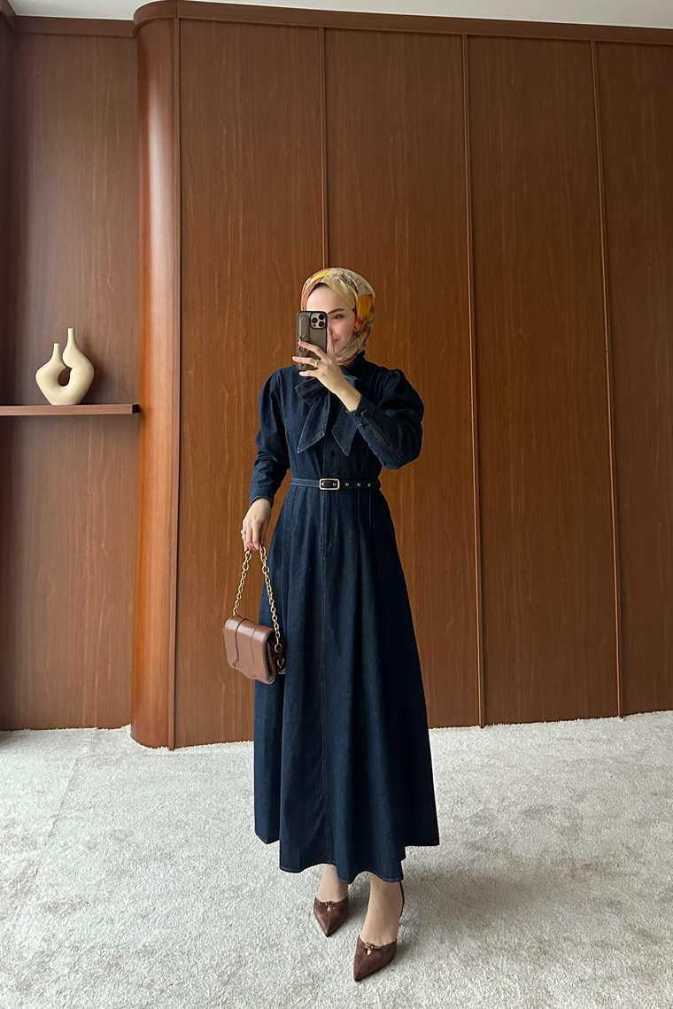 Bonila Denim Kemer Detay Elbise - KOYU MAVİ