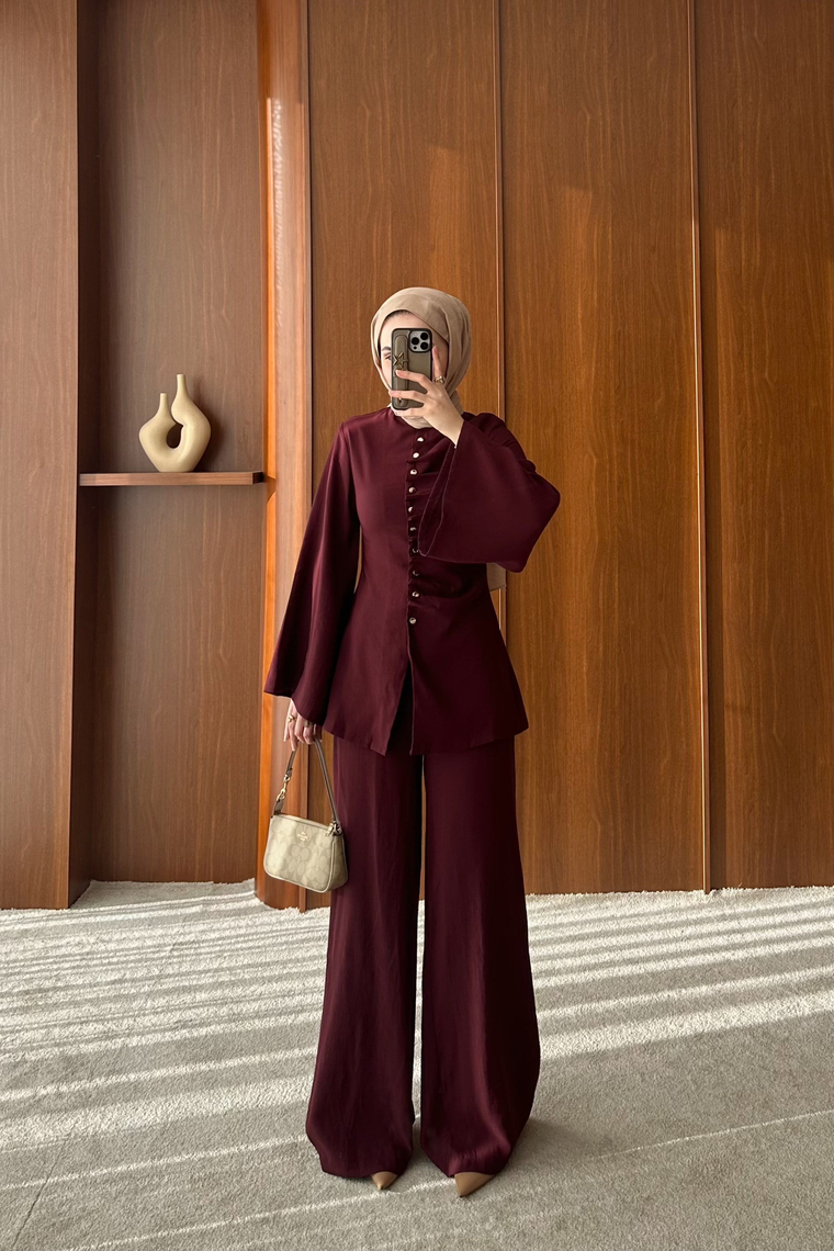 Büzgü Model Pantolonlu Takım - BORDO