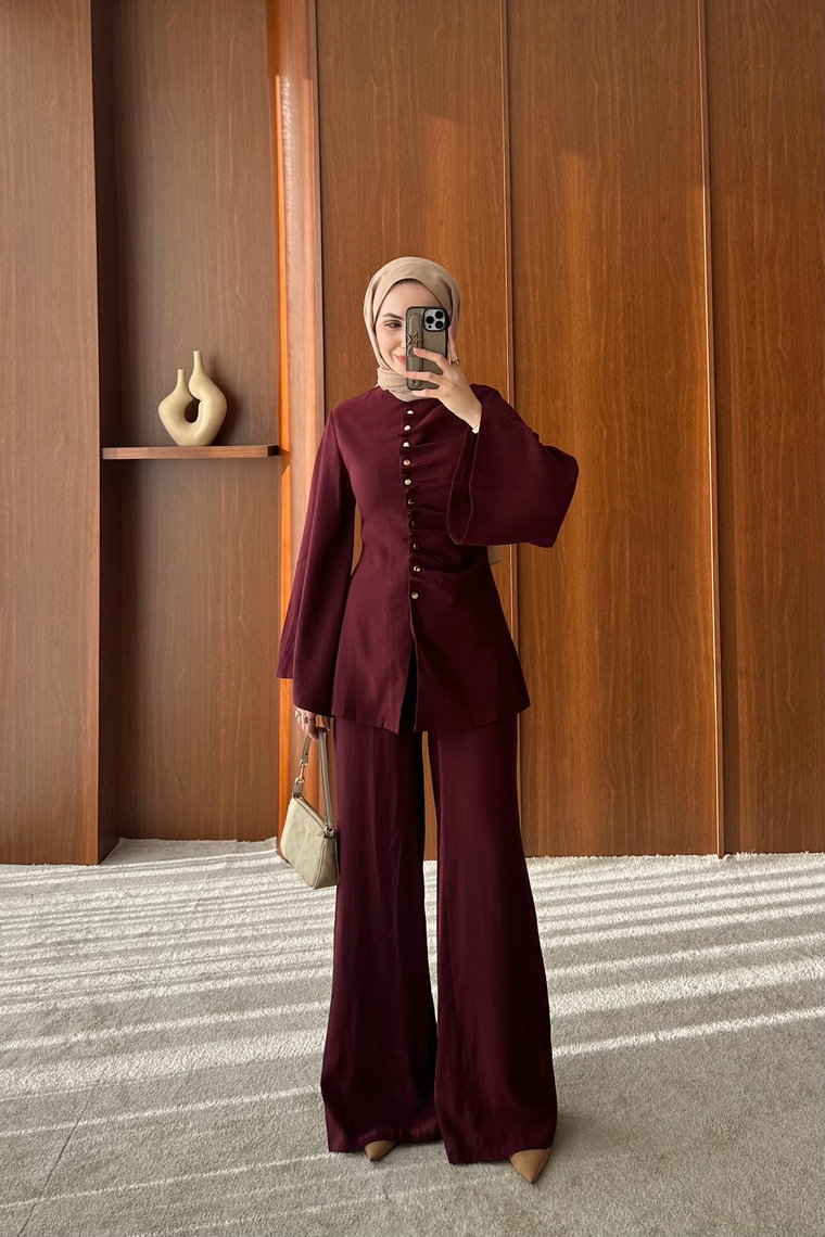 Büzgü Model Pantolonlu Takım - BORDO