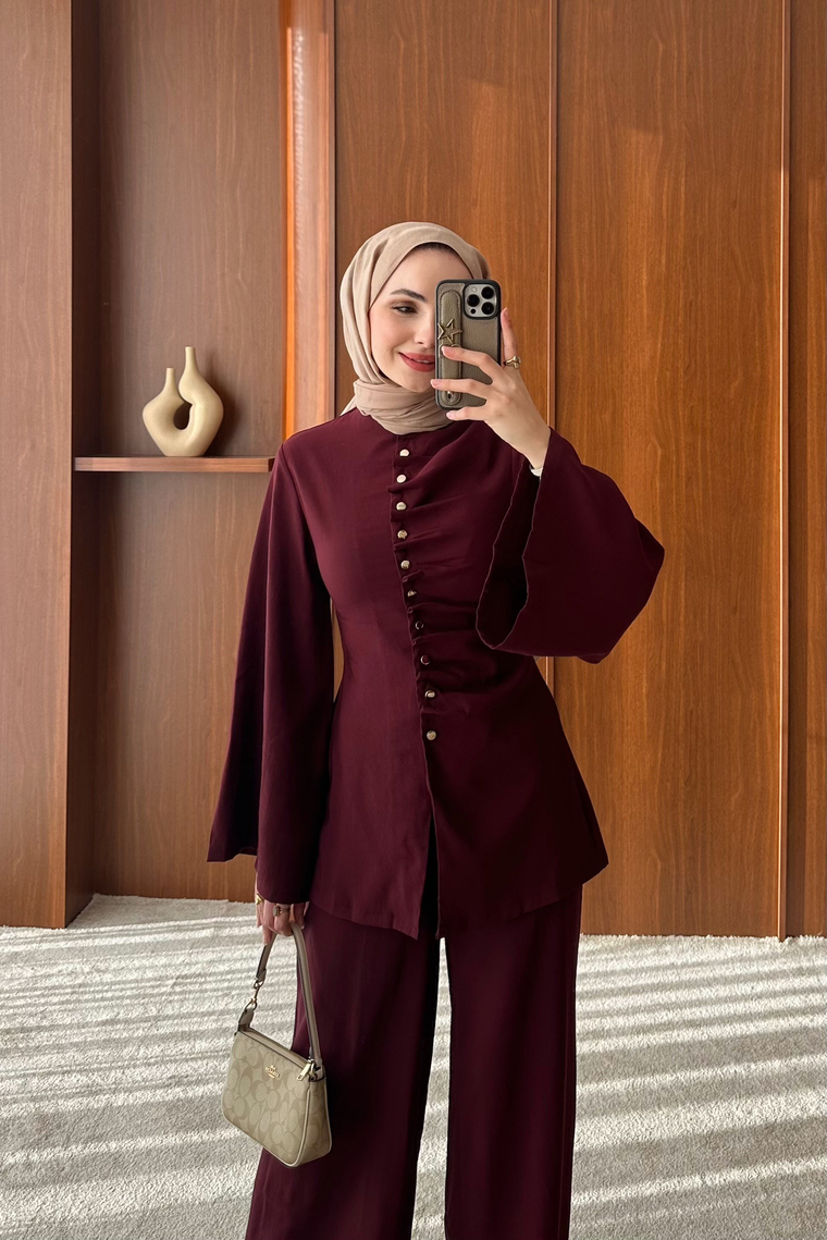 Büzgü Model Pantolonlu Takım - BORDO