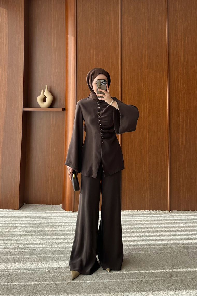 Büzgü Model Pantolonlu Takım - KAHVE