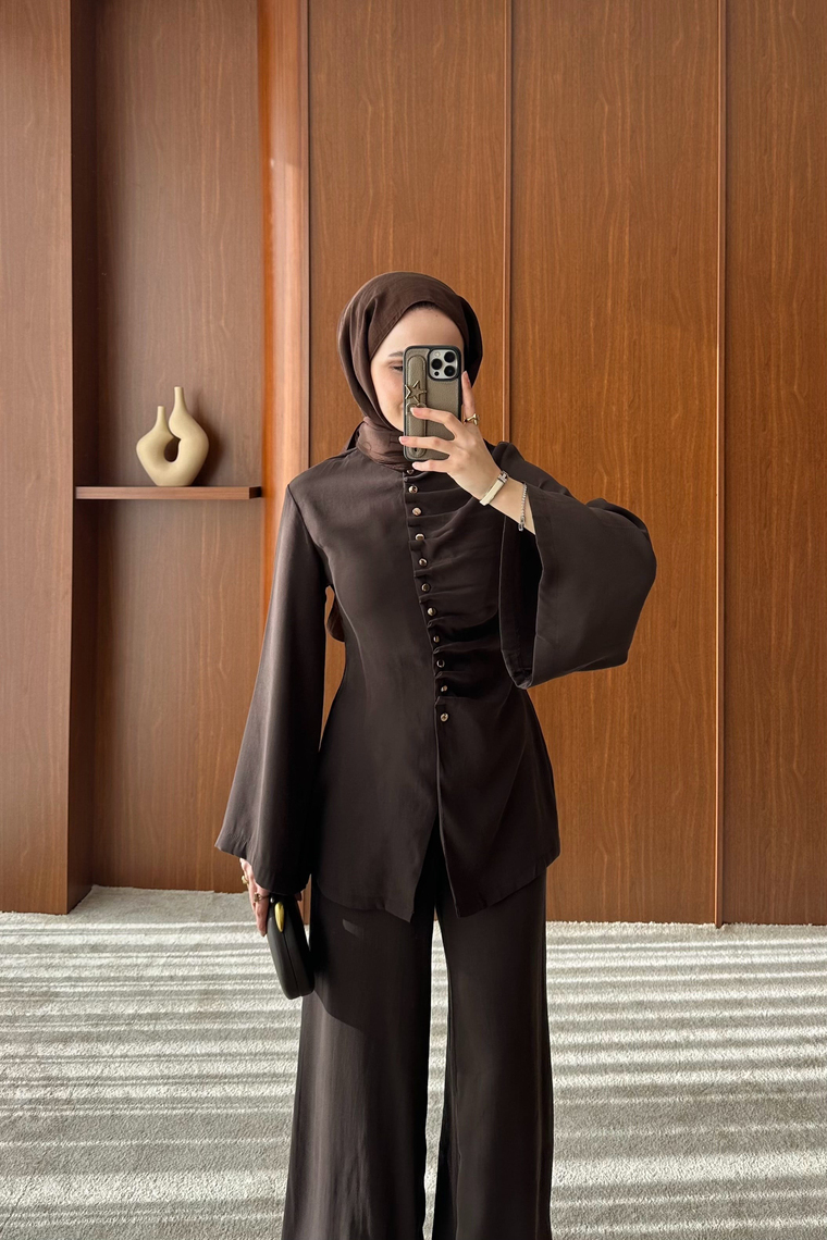 Büzgü Model Pantolonlu Takım - KAHVE