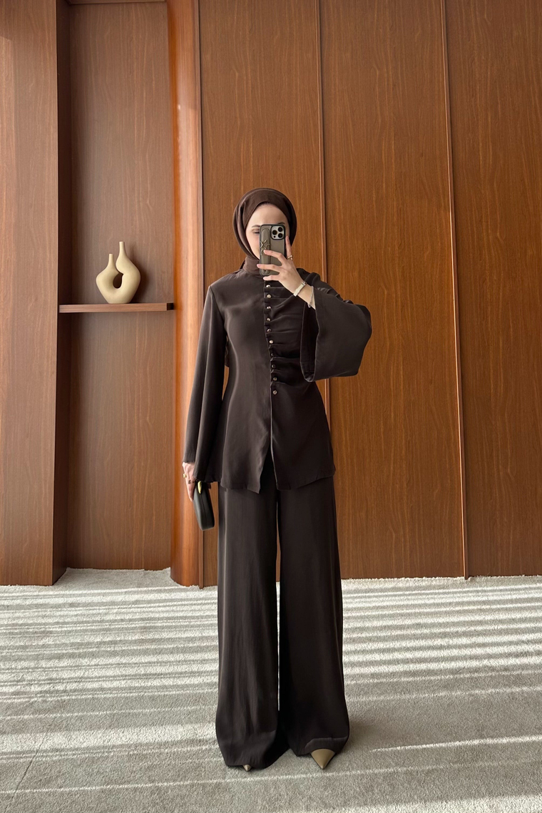 Büzgü Model Pantolonlu Takım - KAHVE