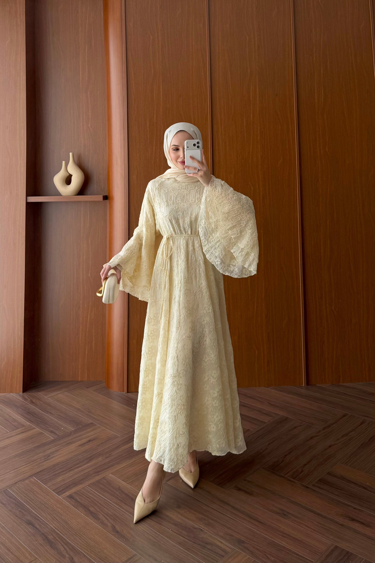 Çiçek Desenli Premium Elbise - BUTTER YELLOW