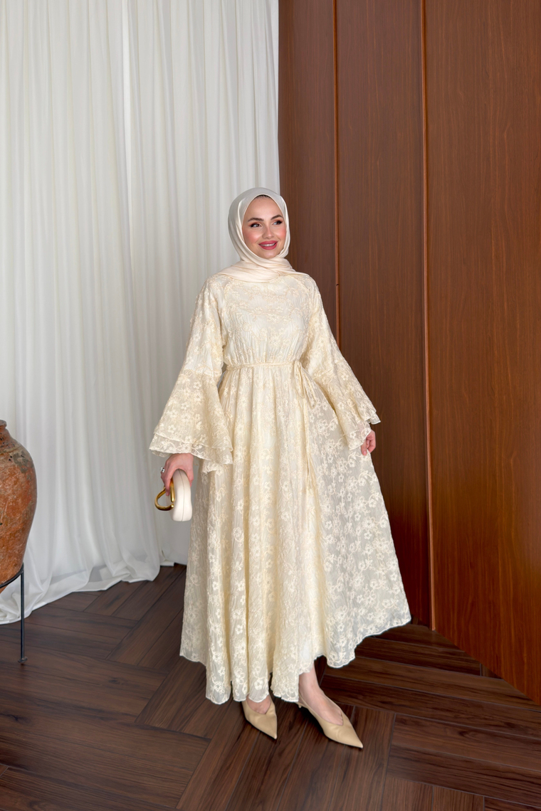 Çiçek Desenli Premium Elbise - BUTTER YELLOW