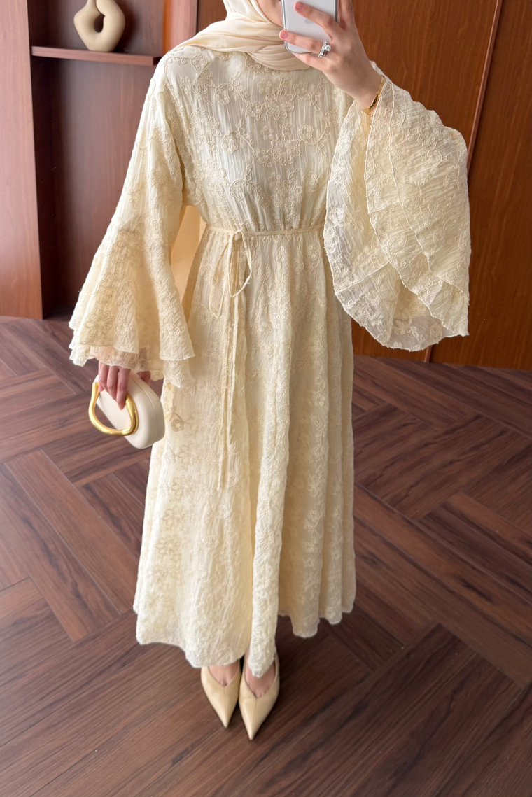 Çiçek Desenli Premium Elbise - BUTTER YELLOW