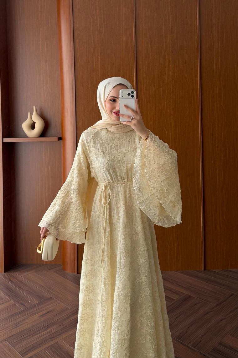 Çiçek Desenli Premium Elbise - BUTTER YELLOW