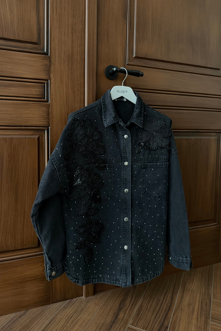 Çiçek İşlemeli Denim Ceket - SİYAH