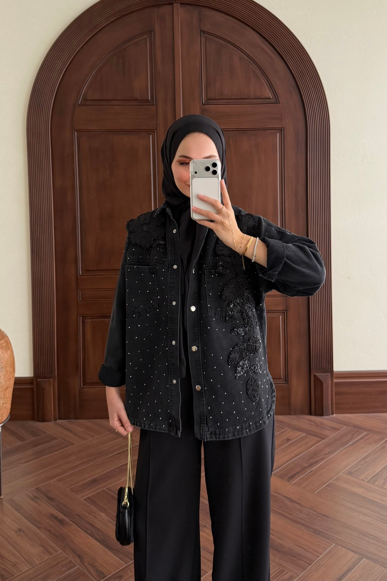 Çiçek İşlemeli Denim Ceket - SİYAH