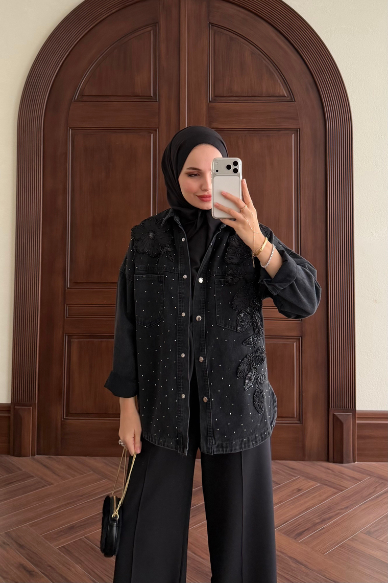 Çiçek İşlemeli Denim Ceket - SİYAH