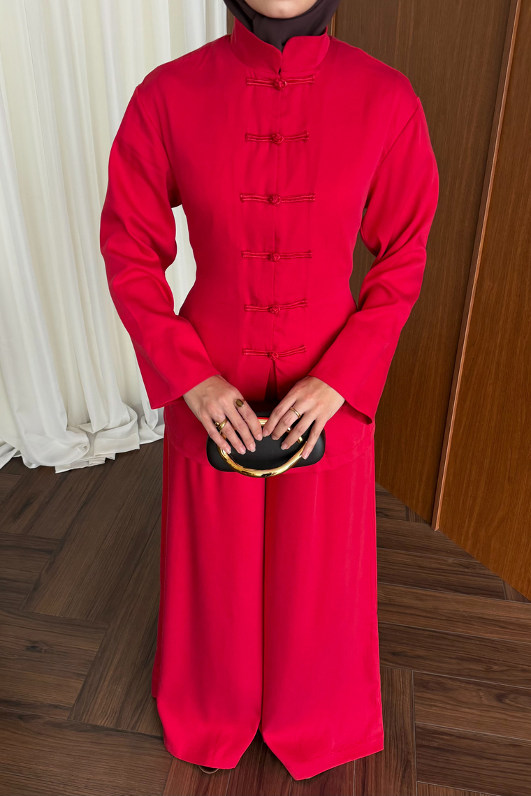 Çin Düğmeli Pantolon Takım - KIRMIZI