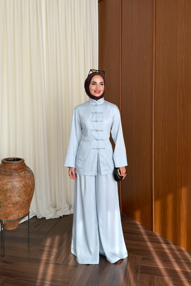 Çin Düğmeli Pantolon Takım - MAVİ
