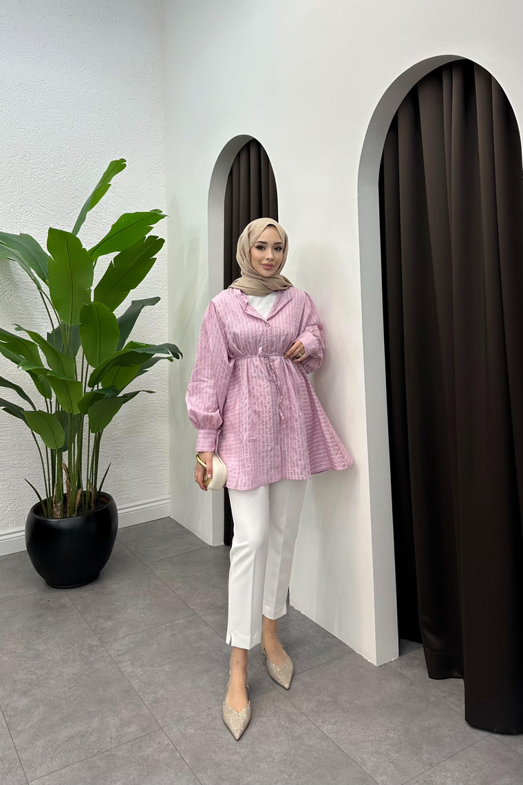 Çizgi Detay Kuşaklı Gömlek - PEMBE