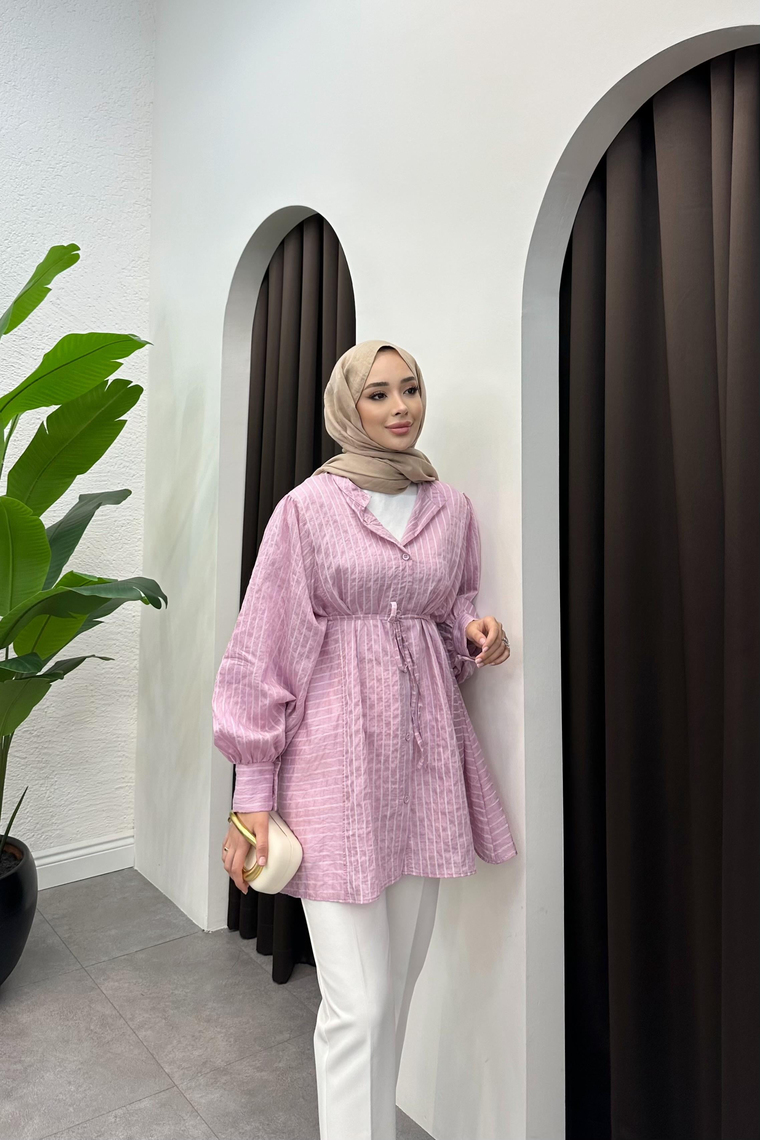 Çizgi Detay Kuşaklı Gömlek - PEMBE