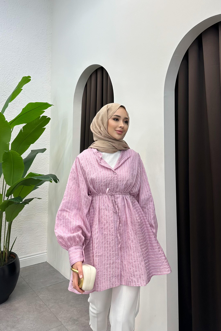 Çizgi Detay Kuşaklı Gömlek - PEMBE