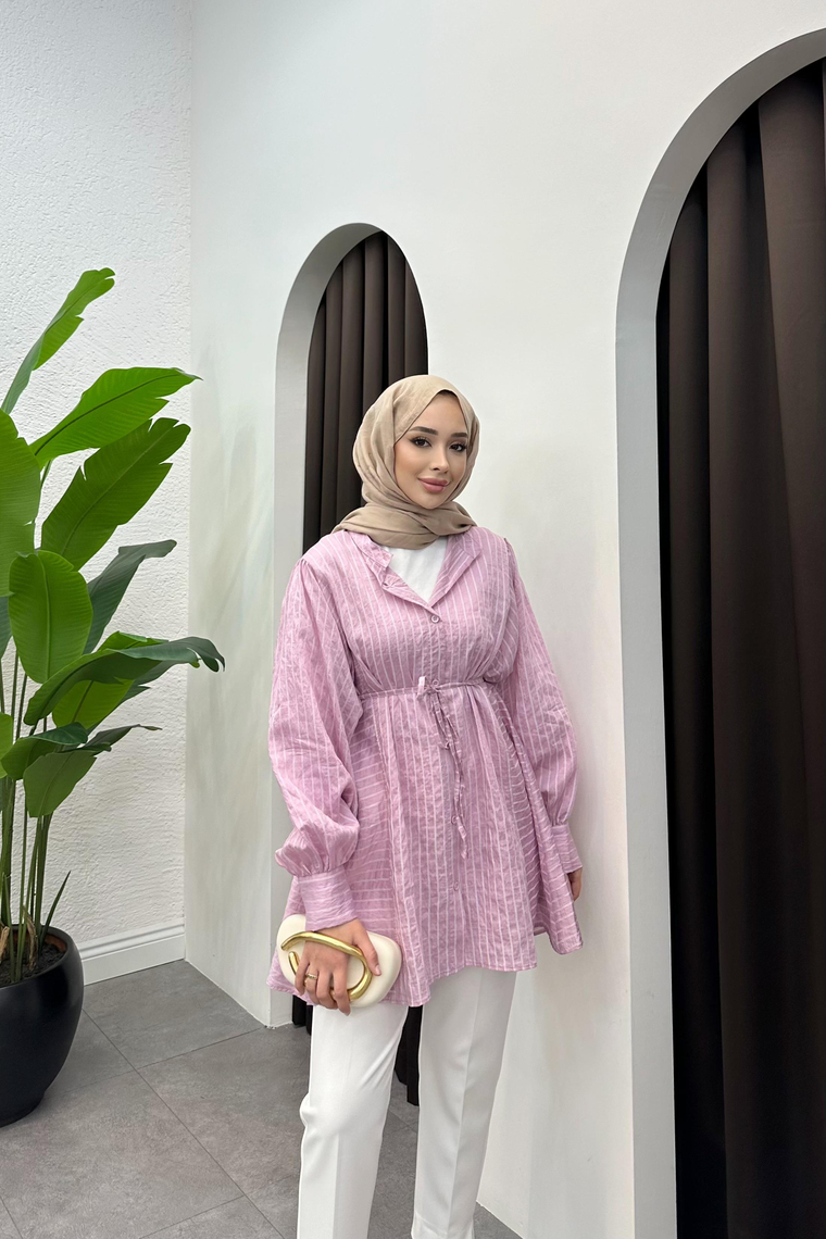 Çizgi Detay Kuşaklı Gömlek - PEMBE