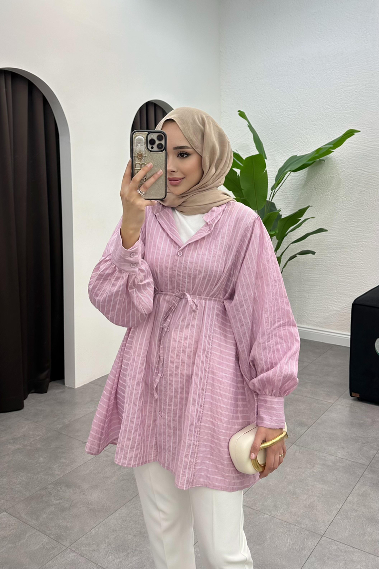 Çizgi Detay Kuşaklı Gömlek - PEMBE