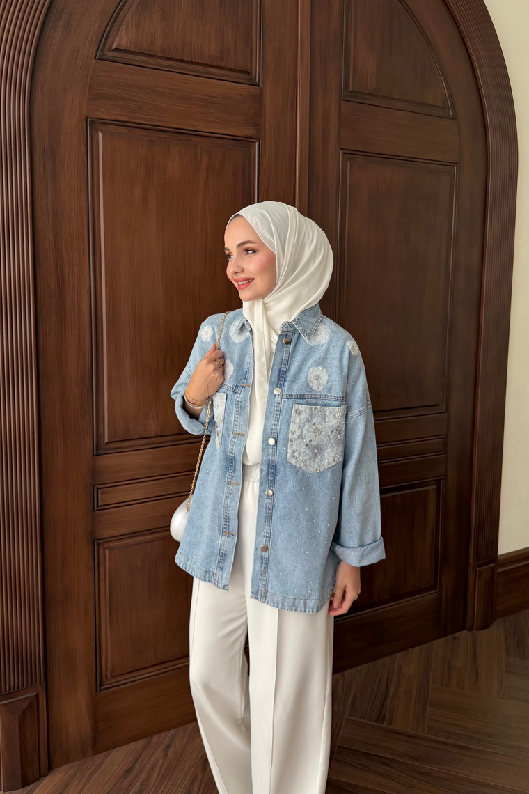 Dantel Detay Denim Ceket - MAVİ