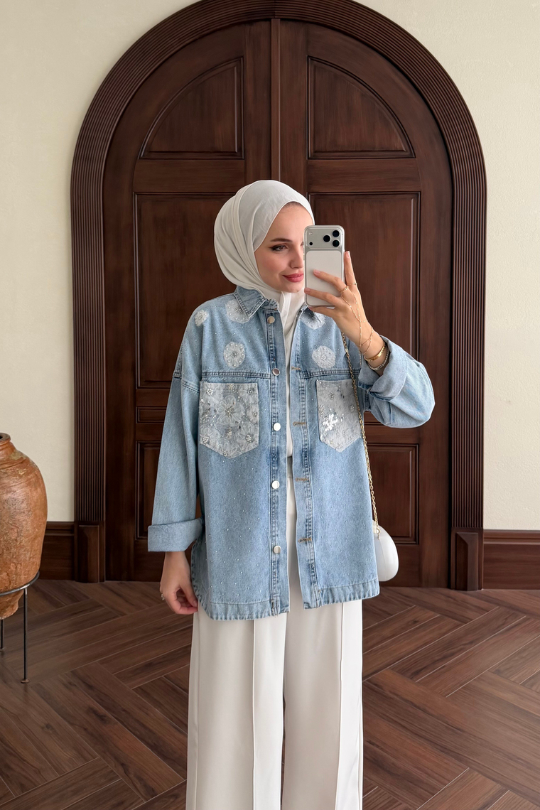 Dantel Detay Denim Ceket - MAVİ