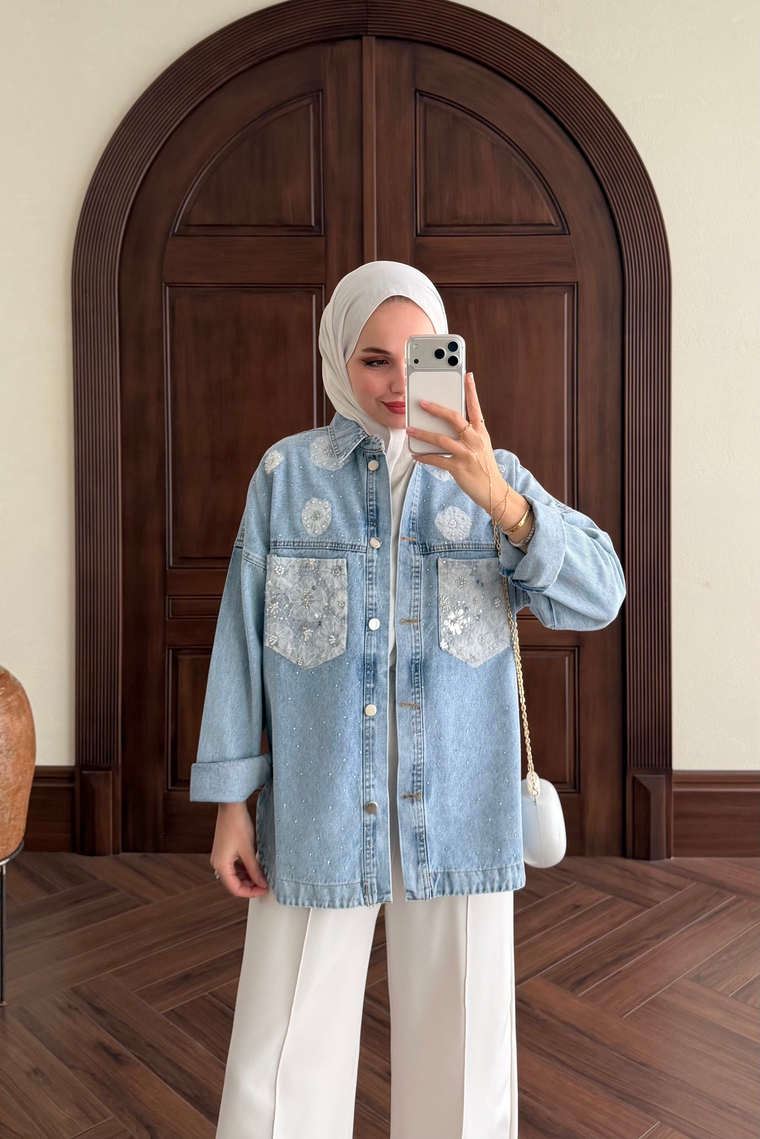 Dantel Detay Denim Ceket - MAVİ