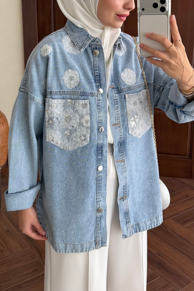 Dantel Detay Denim Ceket - MAVİ