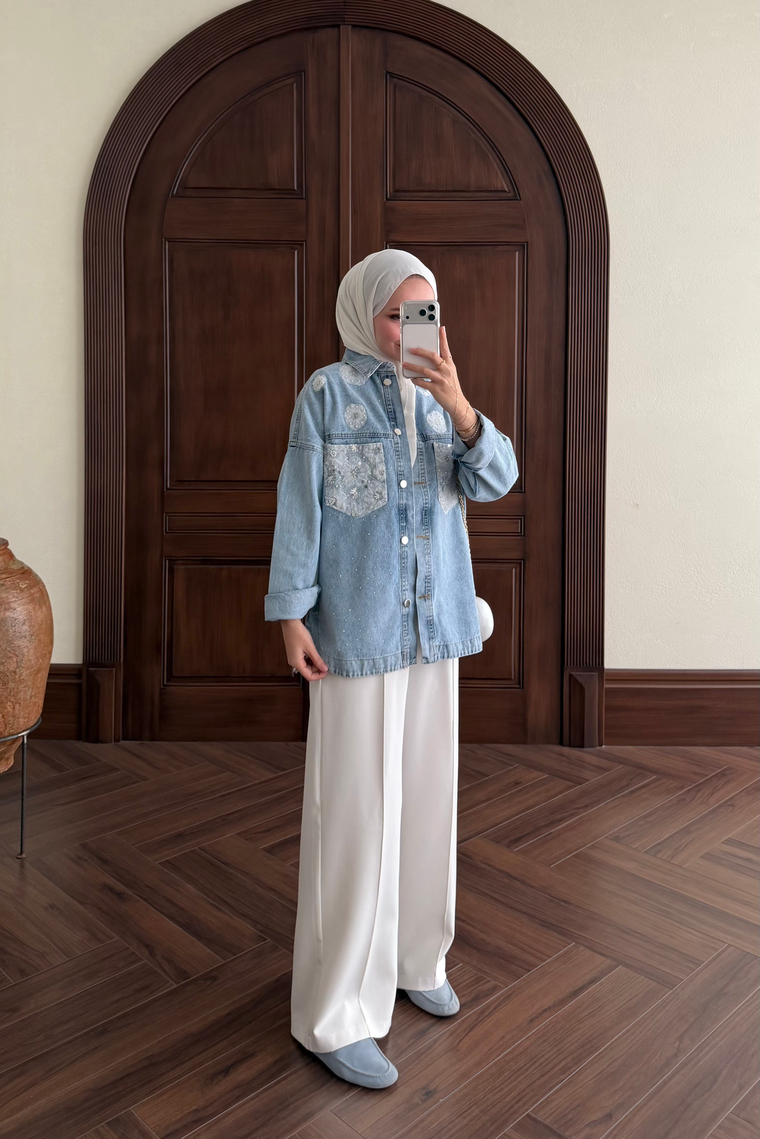 Dantel Detay Denim Ceket - MAVİ