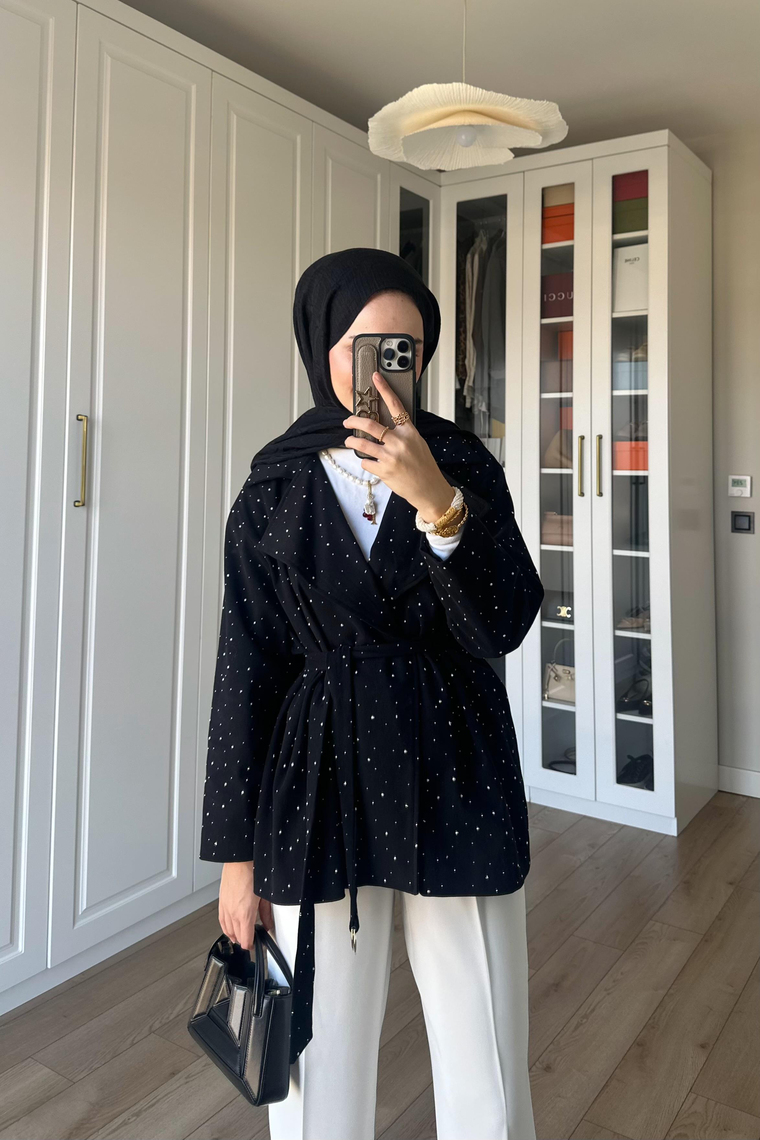 Dena Taşlı Gabardin Ceket - SİYAH