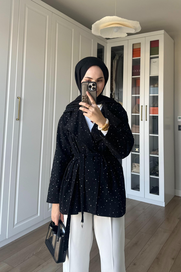 Dena Taşlı Gabardin Ceket - SİYAH