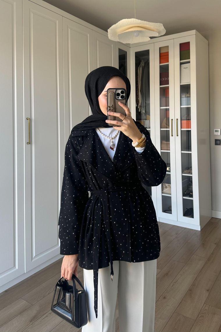 Dena Taşlı Gabardin Ceket - SİYAH