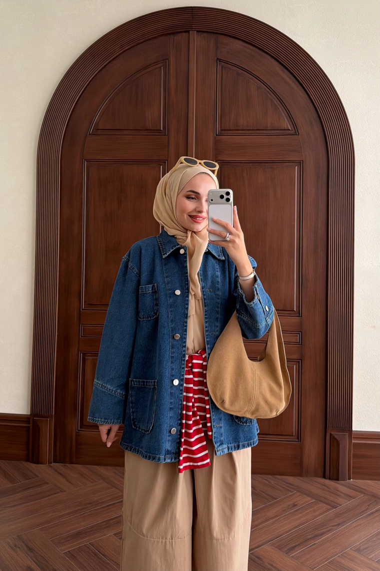 Denim Cep Detay Ceket - MAVİ