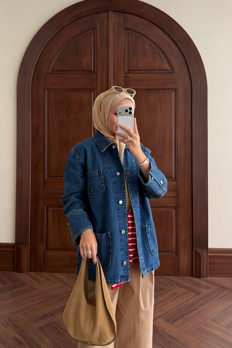 Denim Cep Detay Ceket - MAVİ
