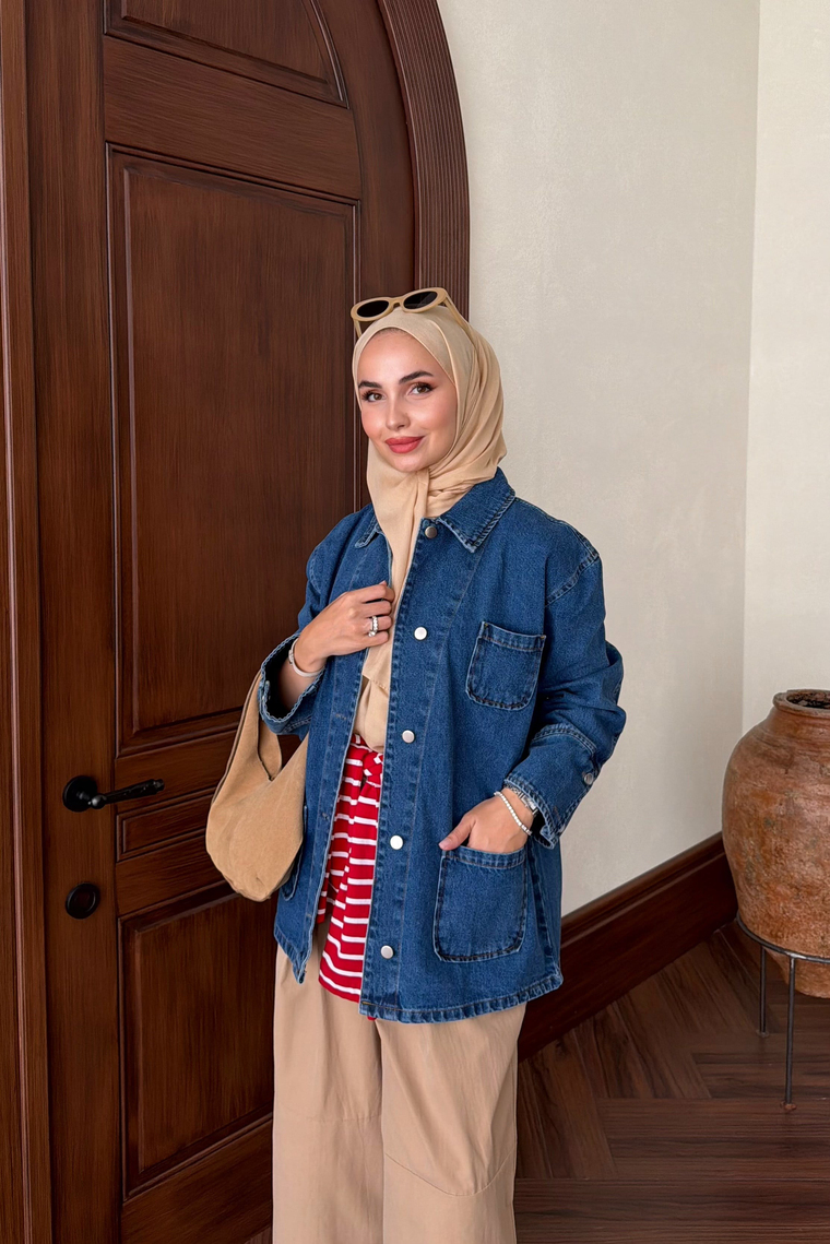 Denim Cep Detay Ceket - MAVİ