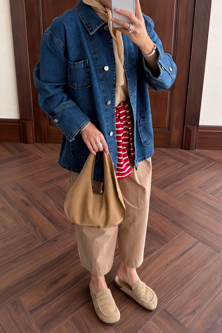 Denim Cep Detay Ceket - MAVİ