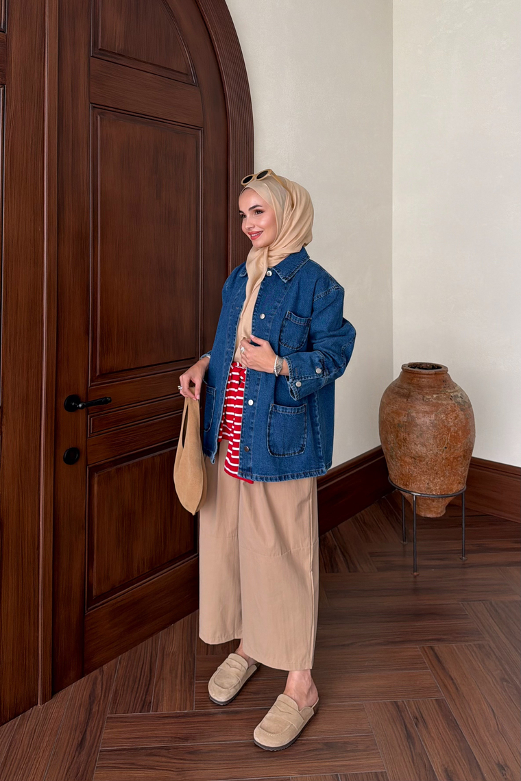 Denim Cep Detay Ceket - MAVİ