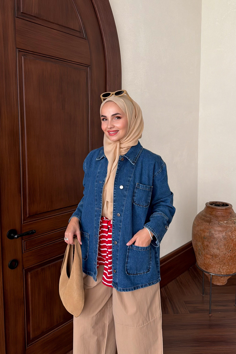 Denim Cep Detay Ceket - MAVİ