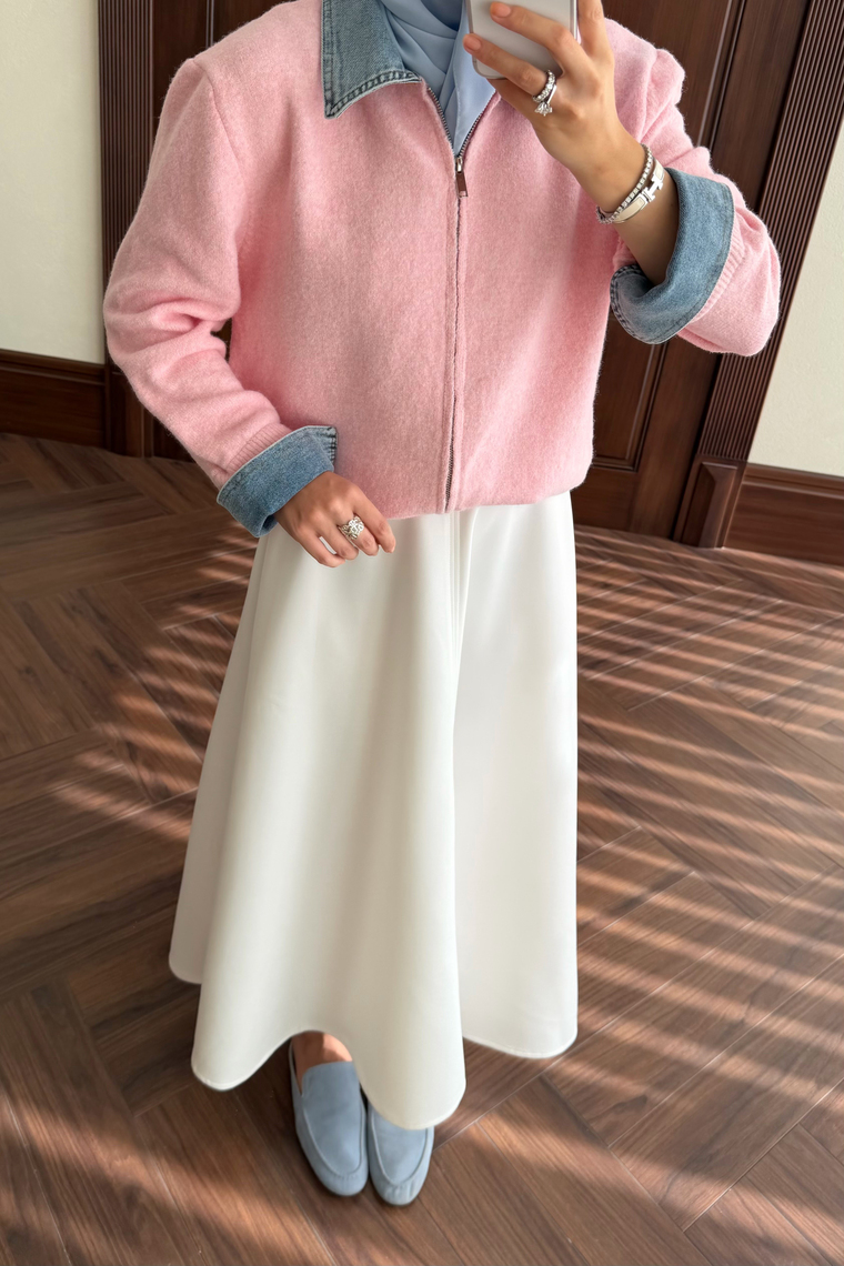 Denim Detay Fermuarlı Kazak - PEMBE