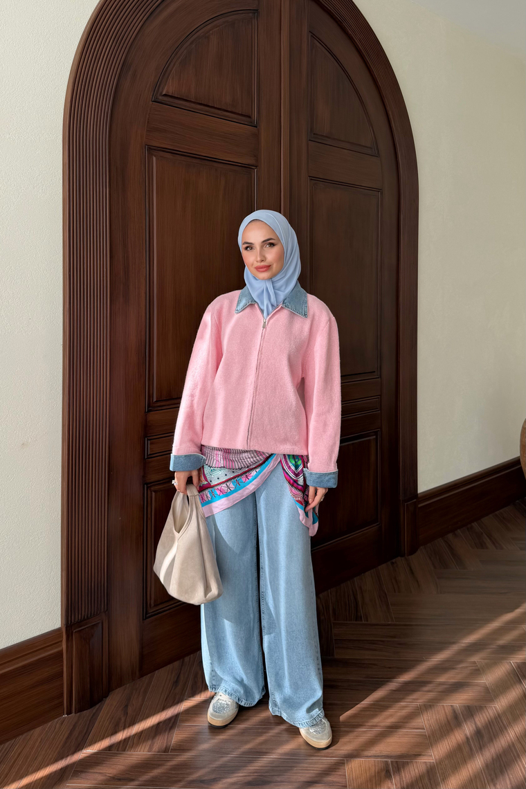 Denim Detay Fermuarlı Kazak - PEMBE