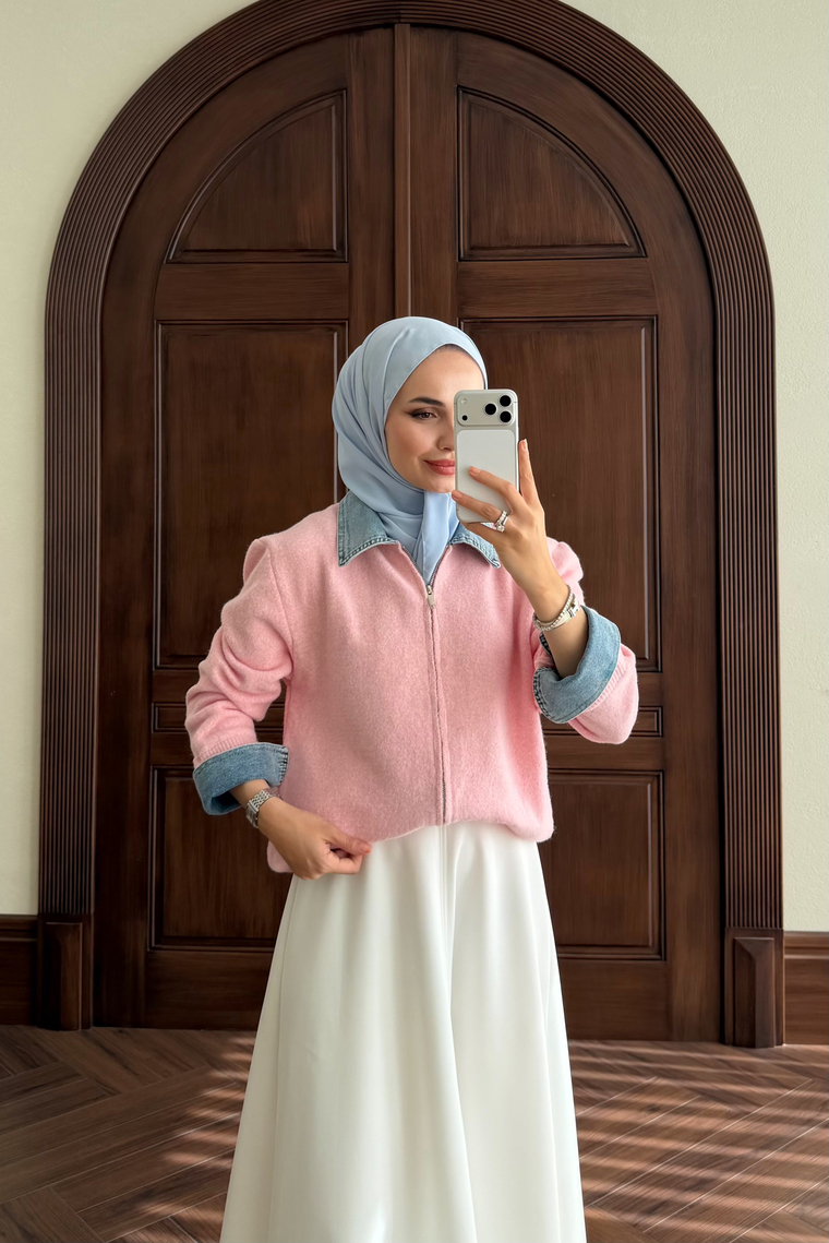 Denim Detay Fermuarlı Kazak - PEMBE