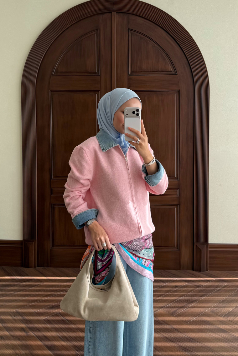 Denim Detay Fermuarlı Kazak - PEMBE