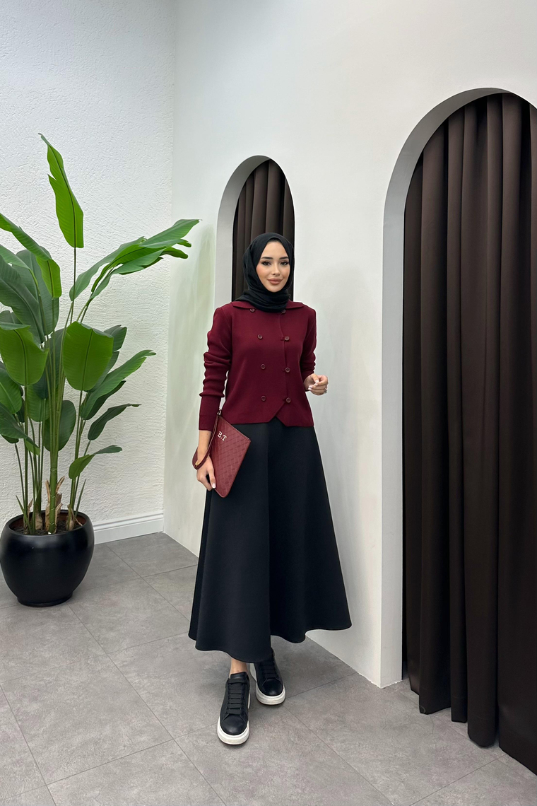 Düğme Detaylı Triko Hırka - BORDO