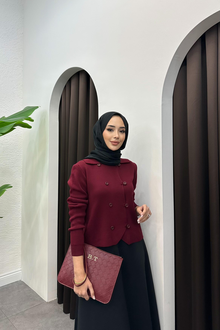Düğme Detaylı Triko Hırka - BORDO